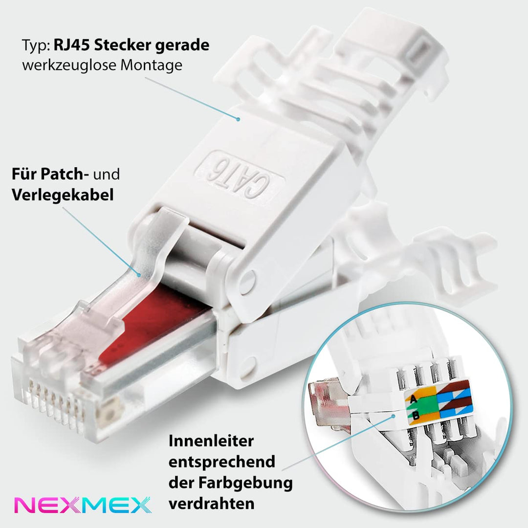 NEXMEX 12x RJ45 CAT 6 Netzwerkstecker werkzeuglos Stecker für CAT6 CAT6A für Netzwerkkabel 12 Stück,