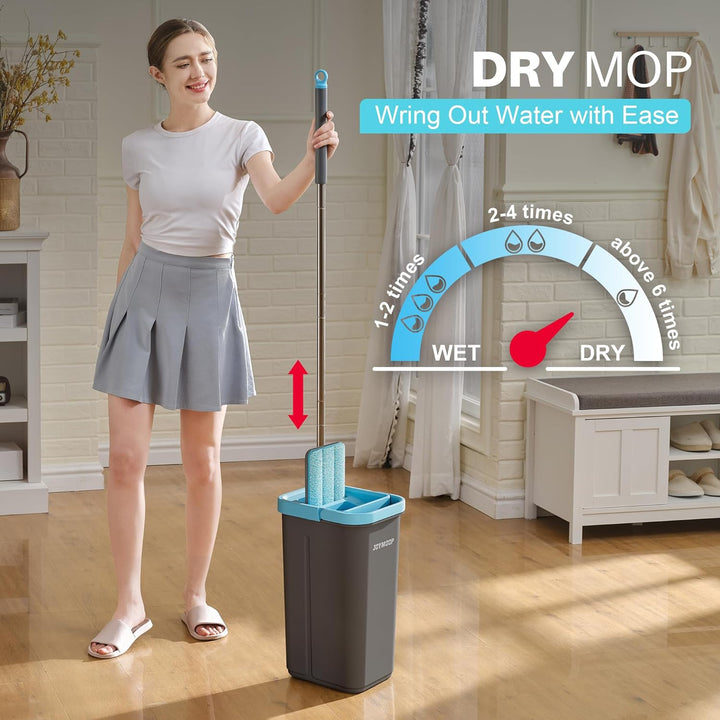 JOYMOOP Wischmopp- und Eimer-Set mit Auswringer, mit 3 wiederverwendbaren Mikrofaser-Wischpads, Wisc