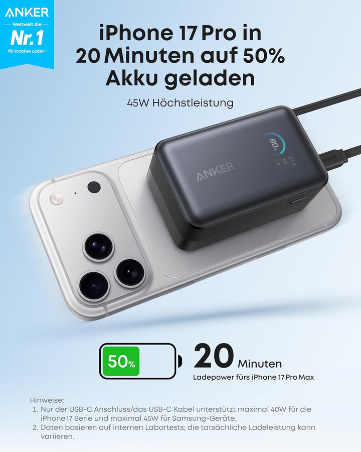 Anker Nano Powerbank,10.000mAh Externer Akku mit 70cm Anker InstaCord Einzugskabel, 45W Max Kompakte