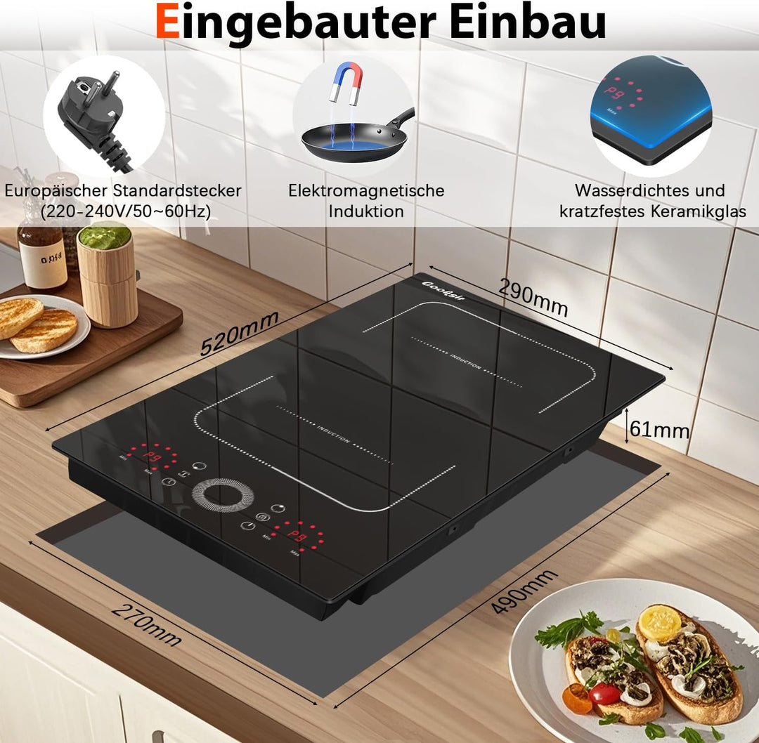 Induktionskochfeld 2 Platten mit Stecker, Herdplatte 2 Kochfelder Autark 30CM Einbau, Kombinierte Fl