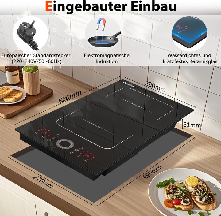 Induktionskochfeld 2 Platten mit Stecker, Herdplatte 2 Kochfelder Autark 30CM Einbau, Kombinierte Fl