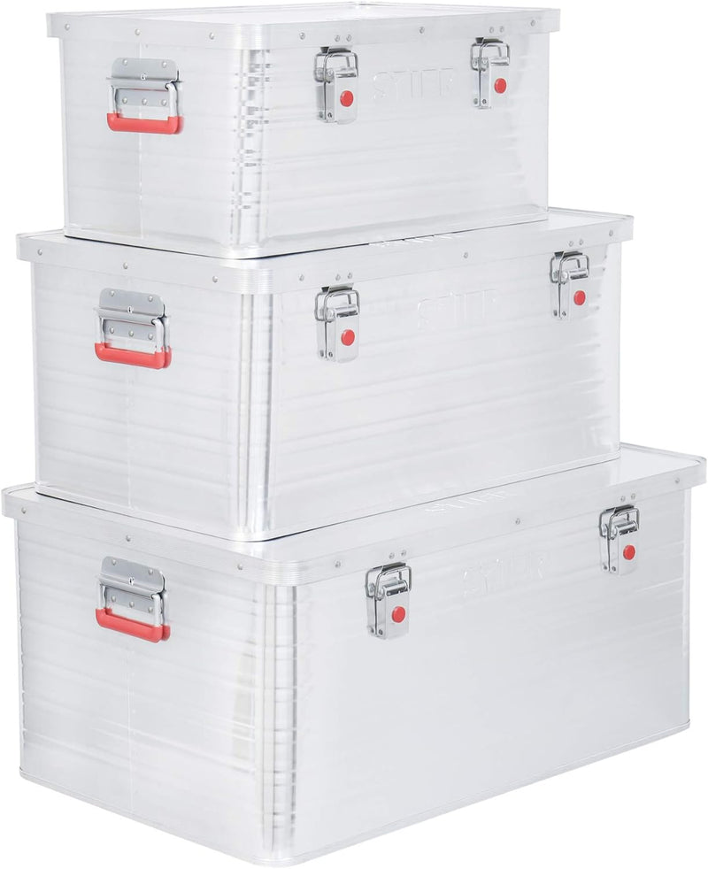 STIER Alubox Set, Aluminiumbox 50L 85L und 135L, stapelbare Transportkisten, Staub- und spritzwasser