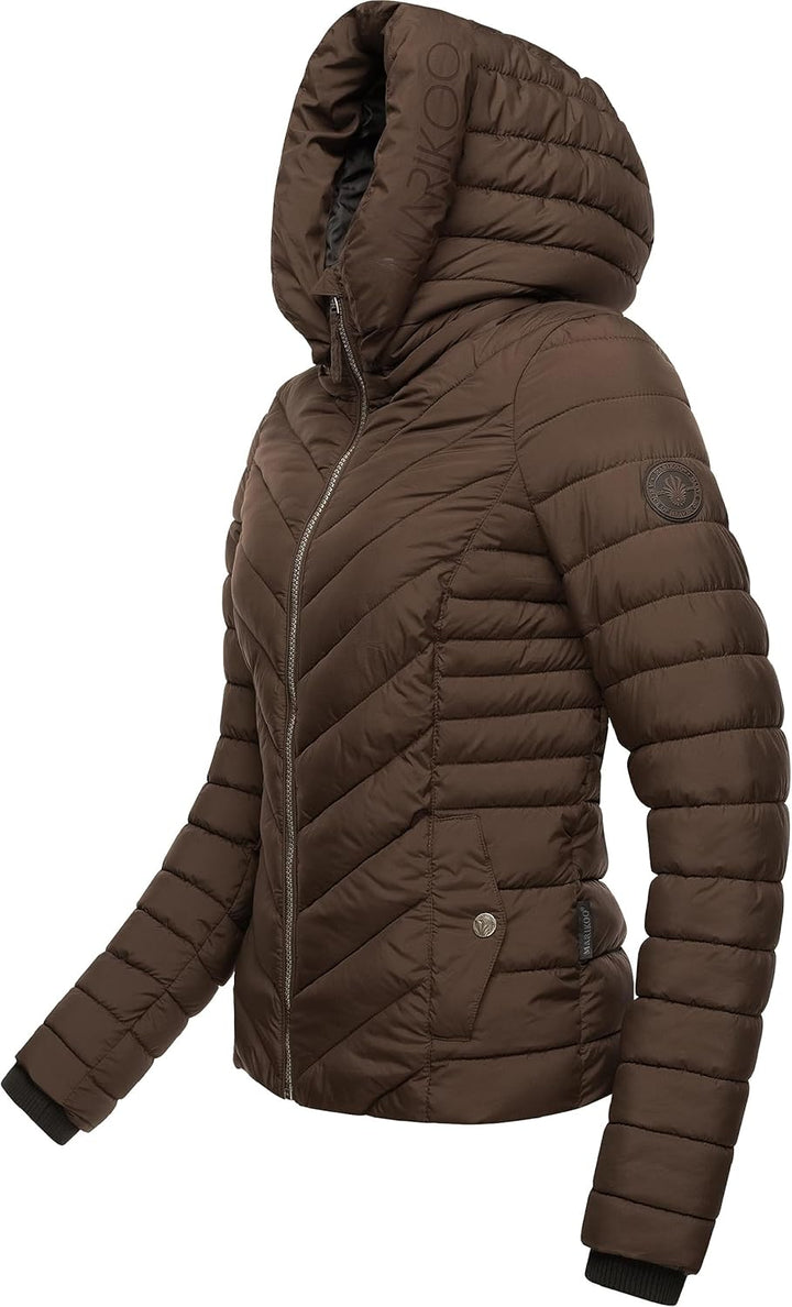 MARIKOO Damen Übergangsjacke leichte Steppjacke kurz mit Abnehmbarer Kapuze Kagomee XS-XXL XL Dark C