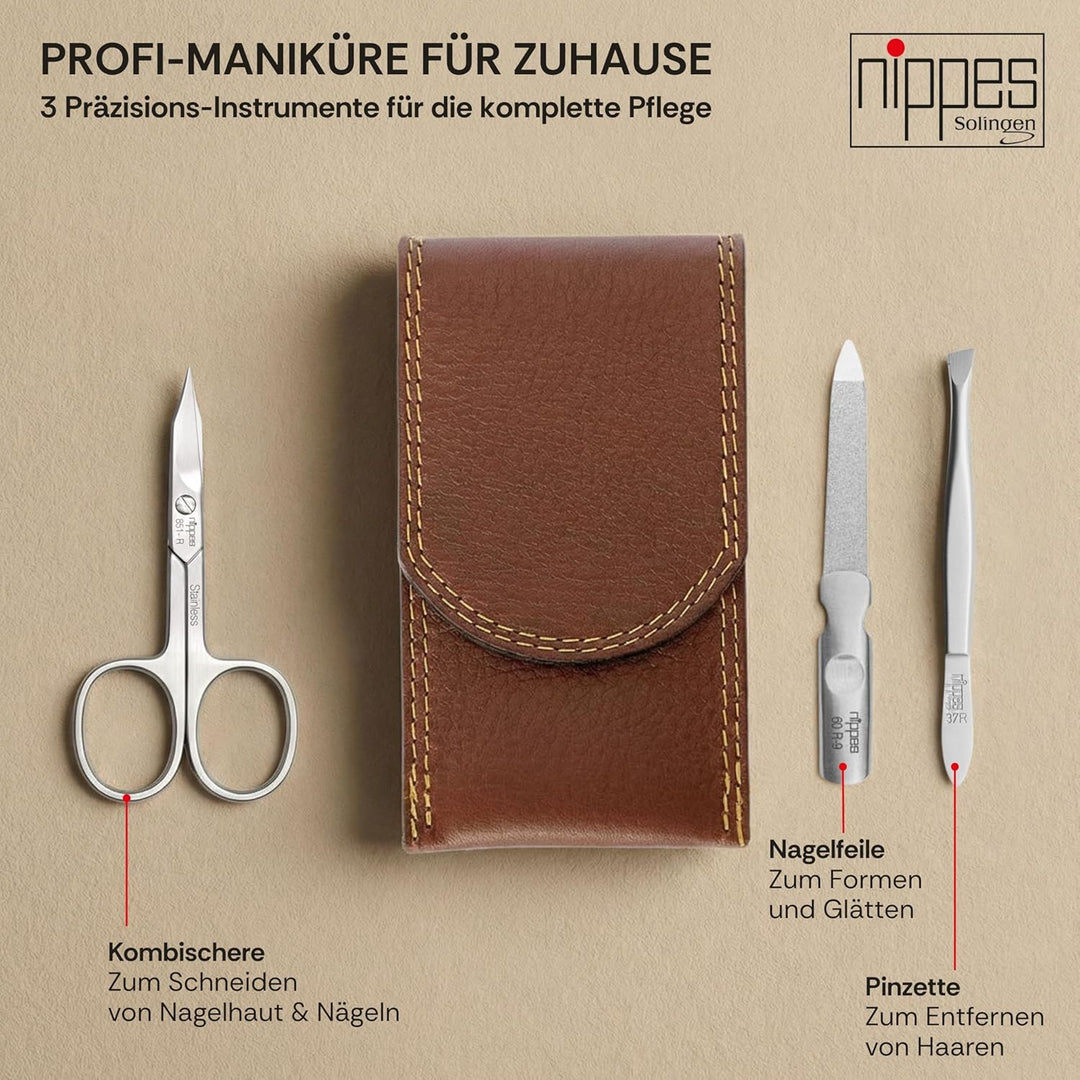 nippes Solingen Classic Premium-Maniküre Set, 3-teilig, Echtes Rindsleder-Nageletui, braun, Edelstah