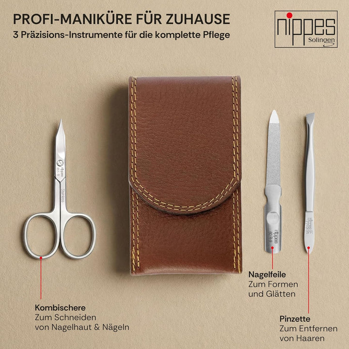 nippes Solingen Classic Premium-Maniküre Set, 3-teilig, Echtes Rindsleder-Nageletui, braun, Edelstah