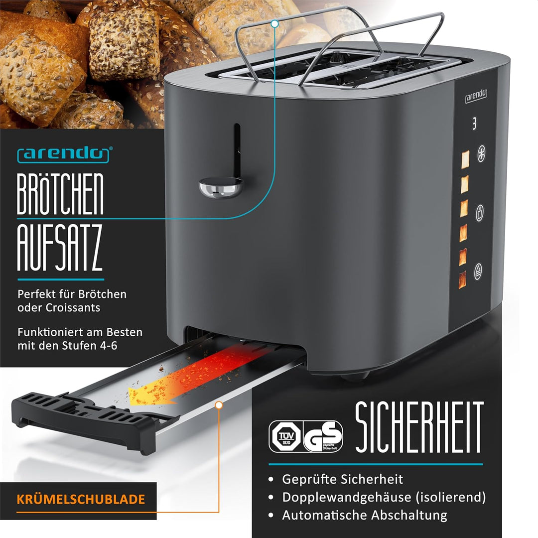 Arendo - Edelstahl Toaster 2 Scheiben - Touchscreen – Doppelwandgehäuse – 800 W – Integrierter Brötc