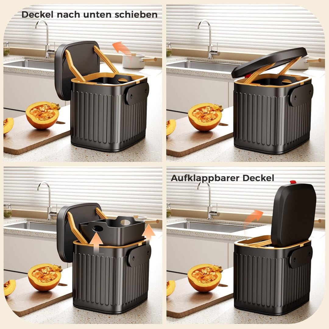 Edelstahl Komposteimer für Küche, Mülleimer zum Aufhängen mit Deckel, 4L Küchen-Kompostbehälter für