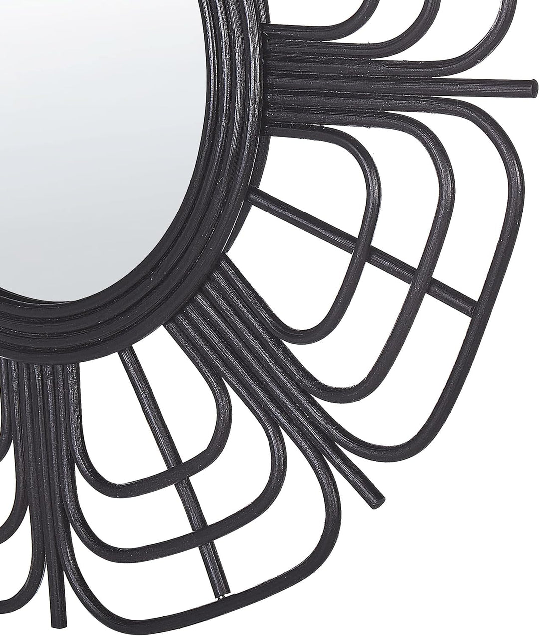 Dekorativer Wandspiegel schwarz aus Rattan Sonnenform rund Boho 60 cm Pasaku
