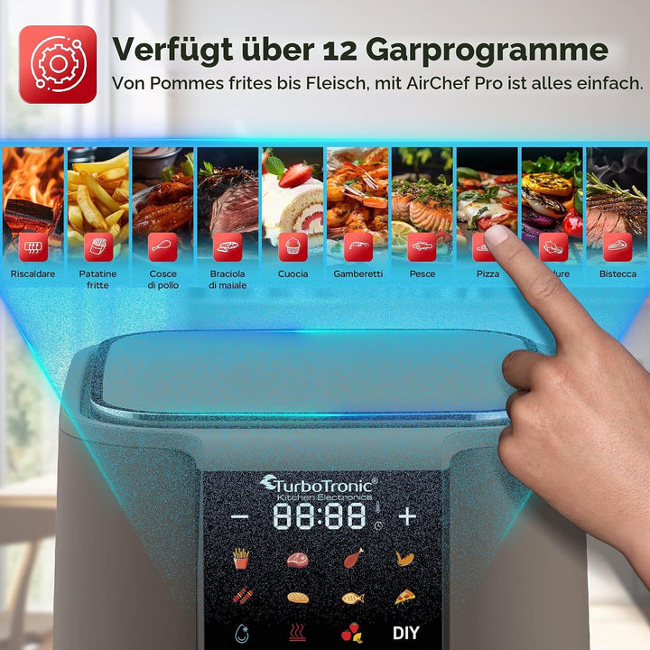 TurboTronic Heissluftfritteuse XL 6Liter 0,6kg Pommes mit Silikoneinlage 12 Programme digital Touch-