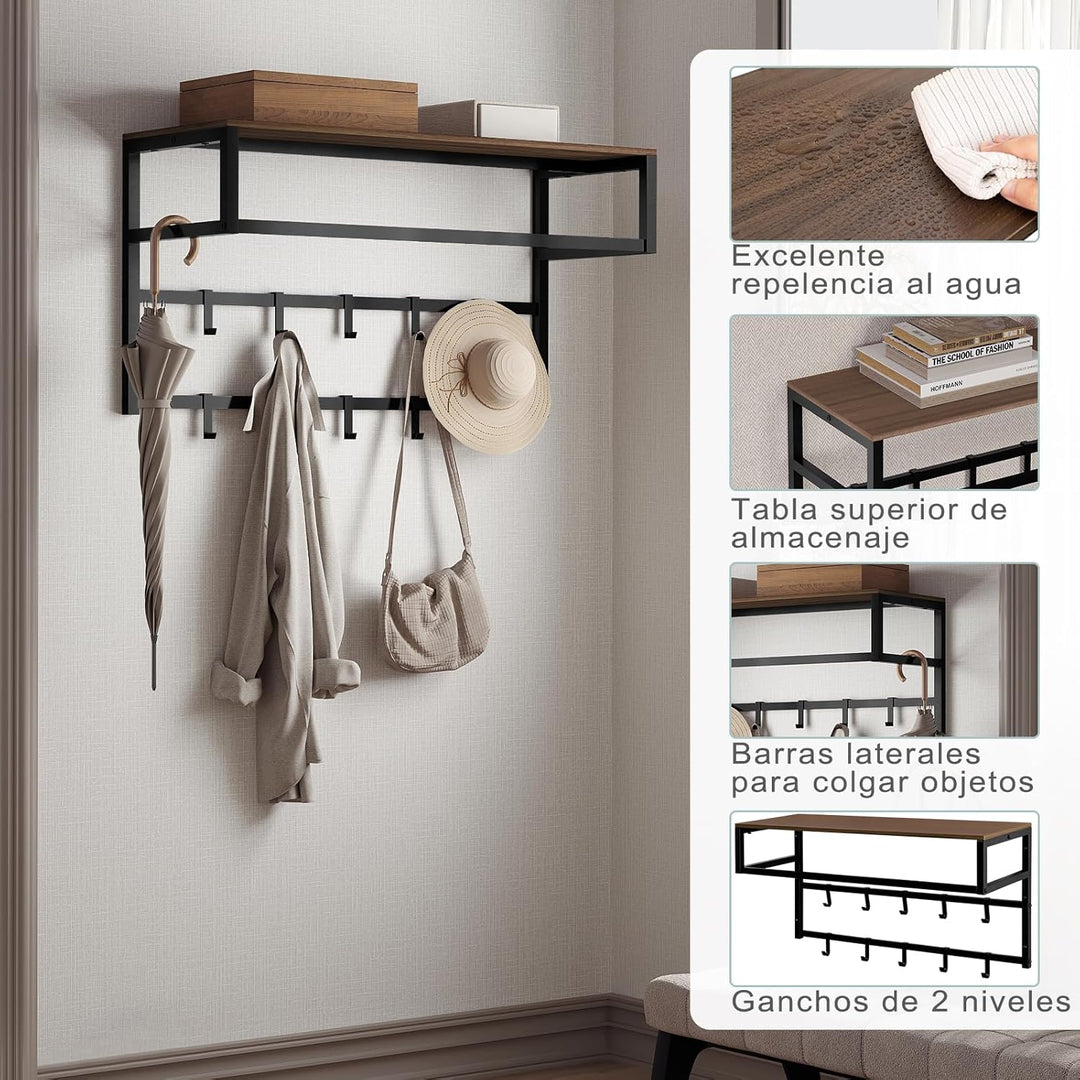 eSituro Wandgarderobe mit Ablage, Kleiderständer Wand mit Kleiderstange 10 Haken, Garderobe Wandmont