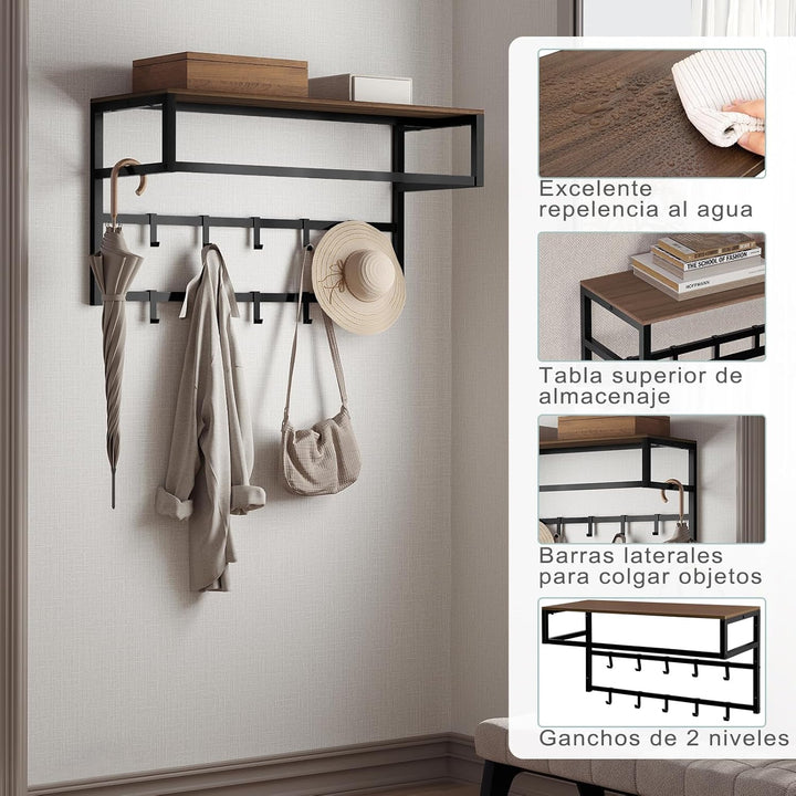 eSituro Wandgarderobe mit Ablage, Kleiderständer Wand mit Kleiderstange 10 Haken, Garderobe Wandmont