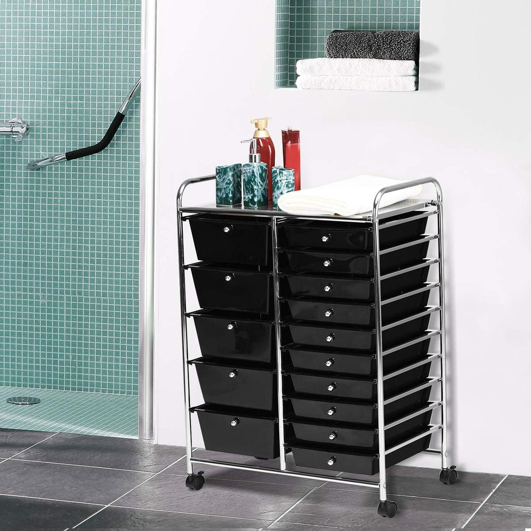 COSTWAY Rollwagen mit 15 stapelbaren Schubladen, Schubladenwagen Rollcontainer mit Metallgestell und