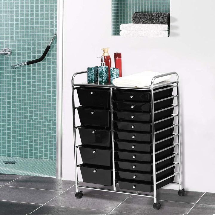 COSTWAY Rollwagen mit 15 stapelbaren Schubladen, Schubladenwagen Rollcontainer mit Metallgestell und