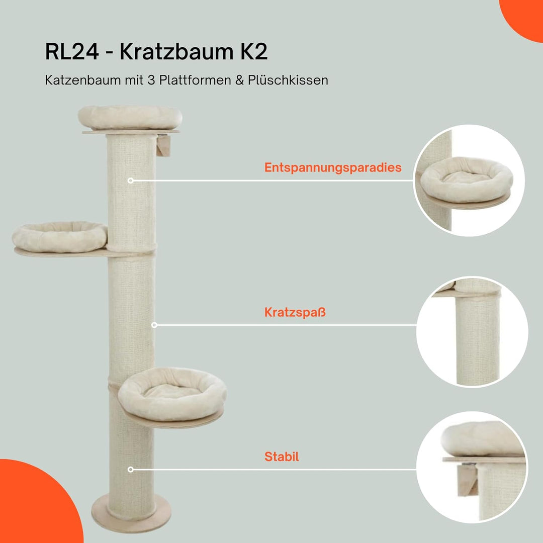 RL24 - Kratzbaum K2 – Katzenbaum mit 3 Plattformen & Plüschkissen in beige – mit Sisalteppich an der