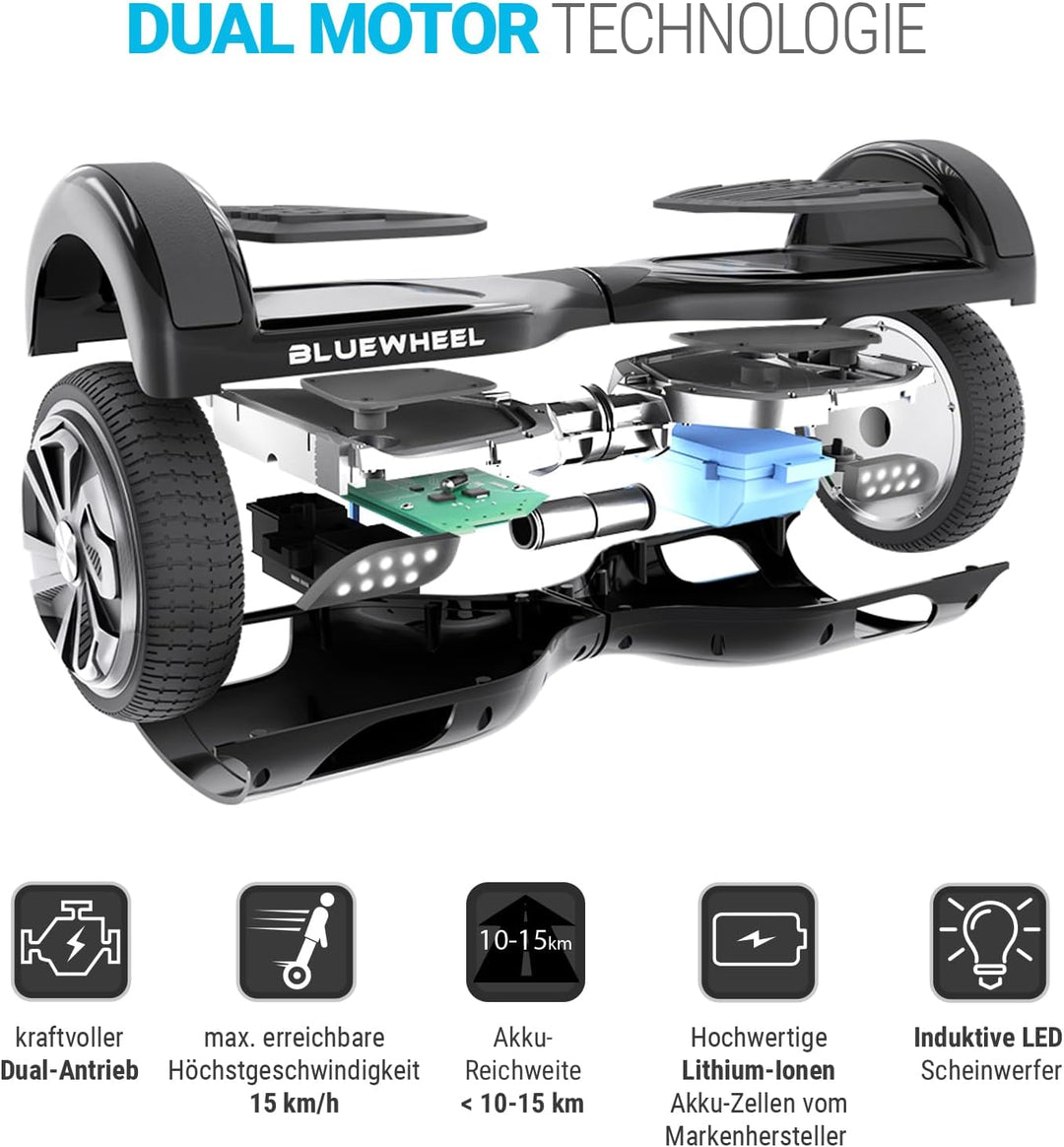 Bluewheel 6,5" Premium Hoverboard HX310s – Elektroboard mit LED, Bluetooth Lautsprecher, starker Dua
