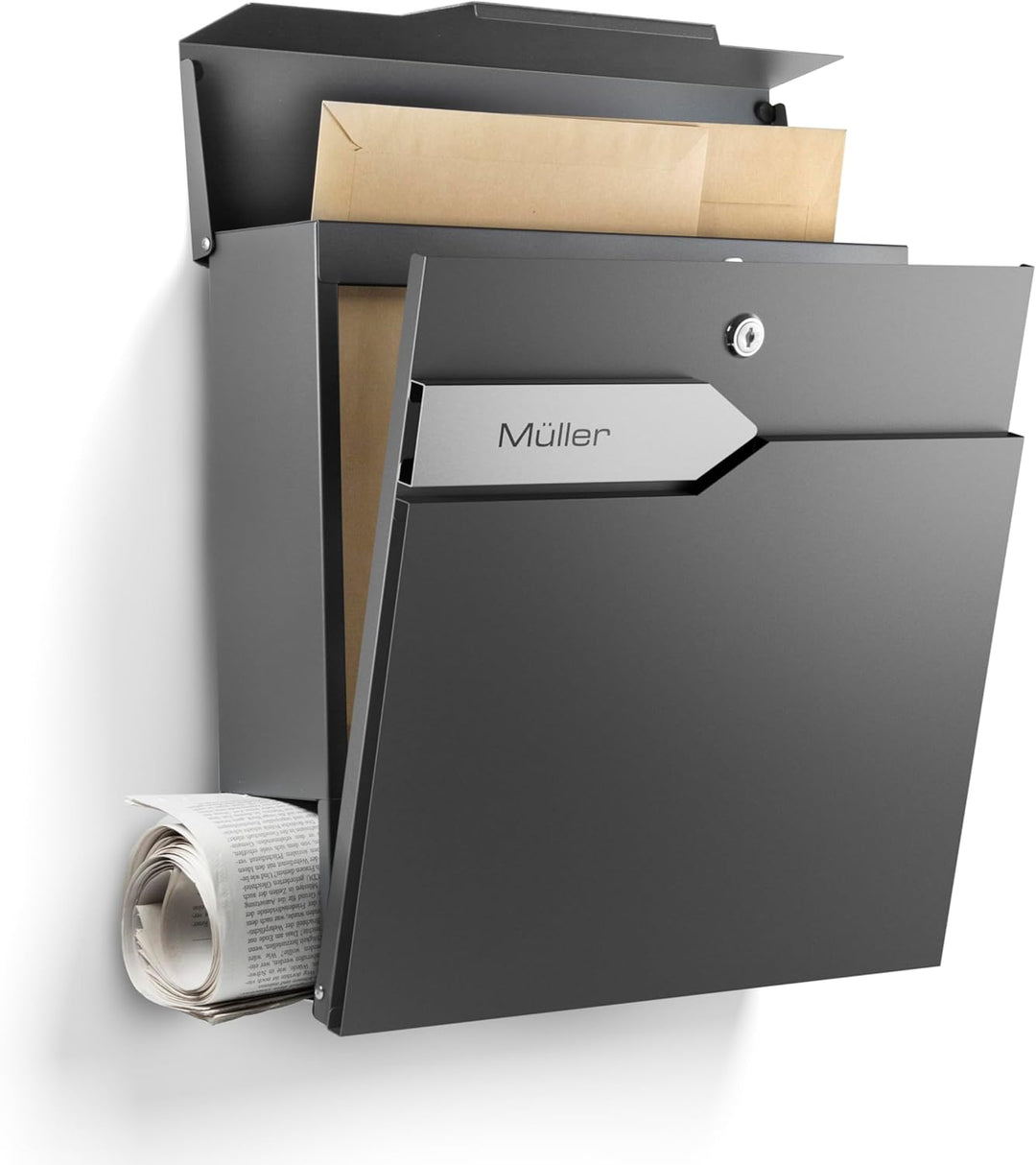 Moderner Briefkasten Personalisierbar Munich Anthrazit RAL7016 - mit Zeitungsfach - Wandbriefkasten