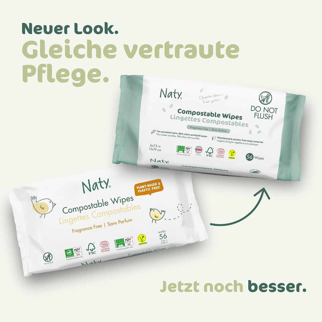Naty Baby Feuchttücher | 100% pflanzenbasiert &amp; unparfümiert für empfindliche Haut | Plastikfreie &amp;