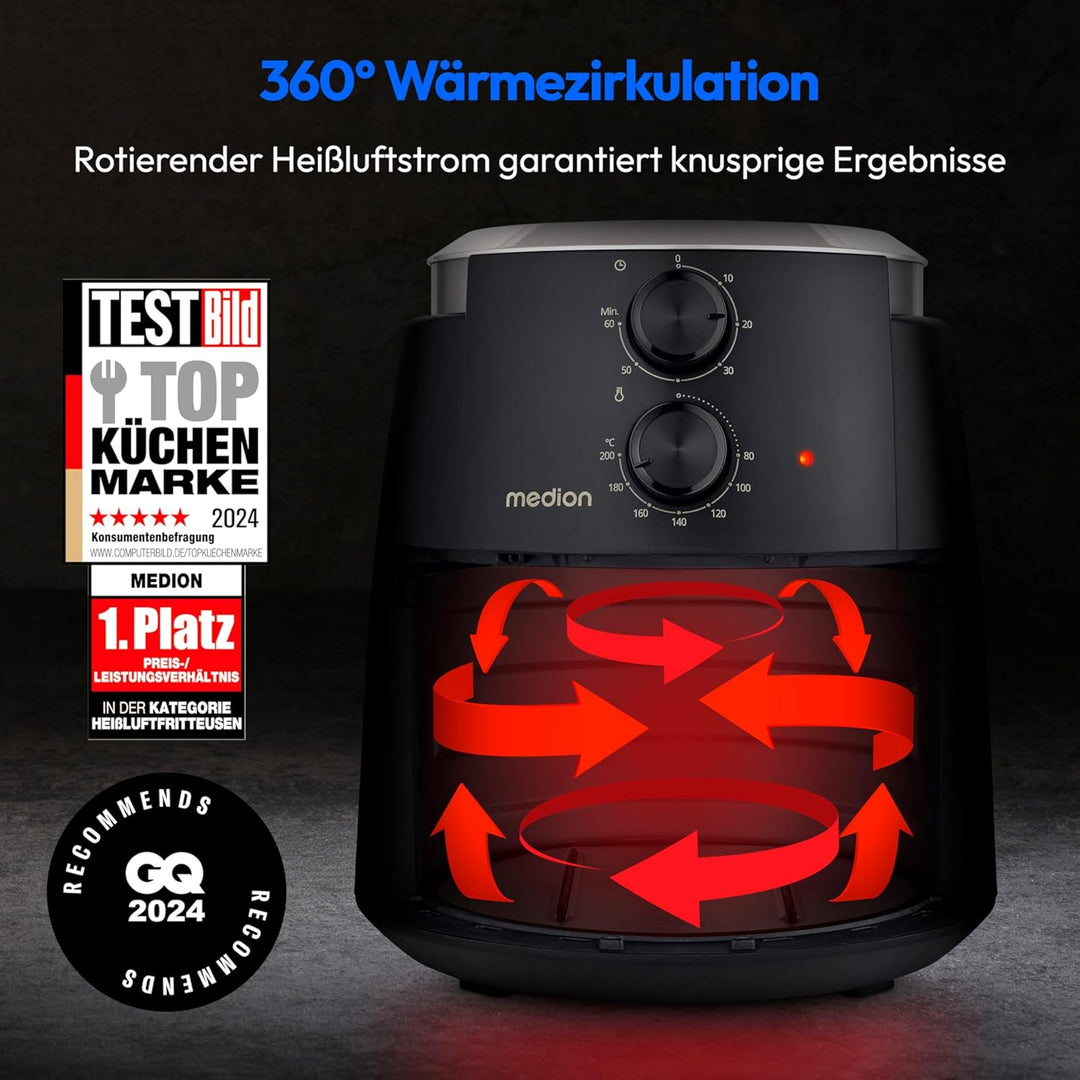 MEDION P30 L Heissluftfritteuse (4,7 Liter, Airfryer, 1500 Watt, einfache Bedienung, ölfreies Fritti