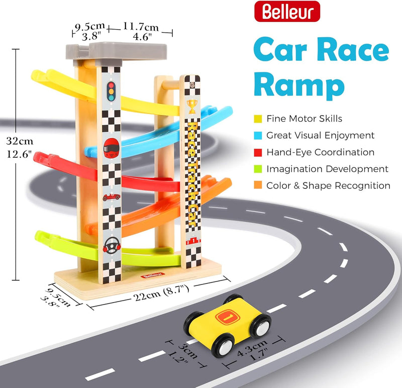 Belleur Murmelbahn Auto-Rennbahn aus Holz mit 5 Mini-Autos & 5 Rampen, Auto-Rennbahn für 1-3 Jahre a