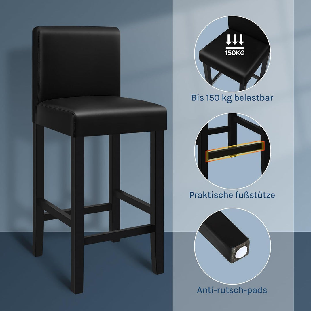 WOLTU Barhocker 2er Set, mit Lehne, Massivholz+Kunstleder, Schwarz | Barstuhl mit Fussstütze, Bistro