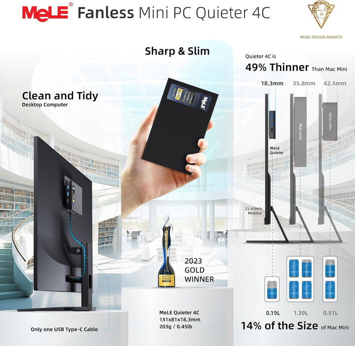 MeLE Quieter4C Lüfterloser Mini PC 12th Alder Lake N100 (bis zu 3.4GHz, 4C/4T) 16GB LPDDR4x 512GB Sc