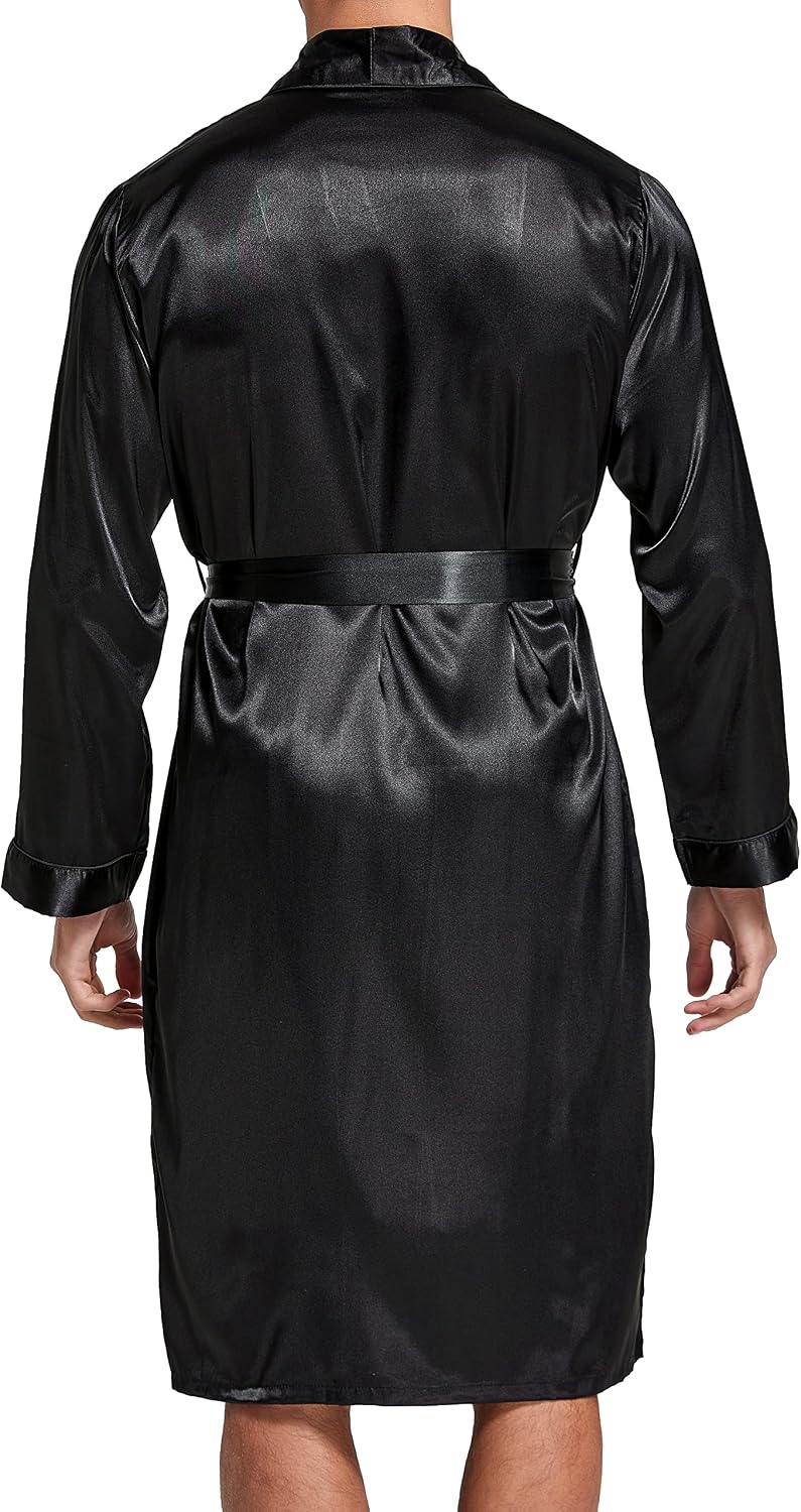 Herren Satin Bademantel, Leichter Seiden Langarm Bademantel mit Shorts Set, Spa Kimono Nachtwäsche M