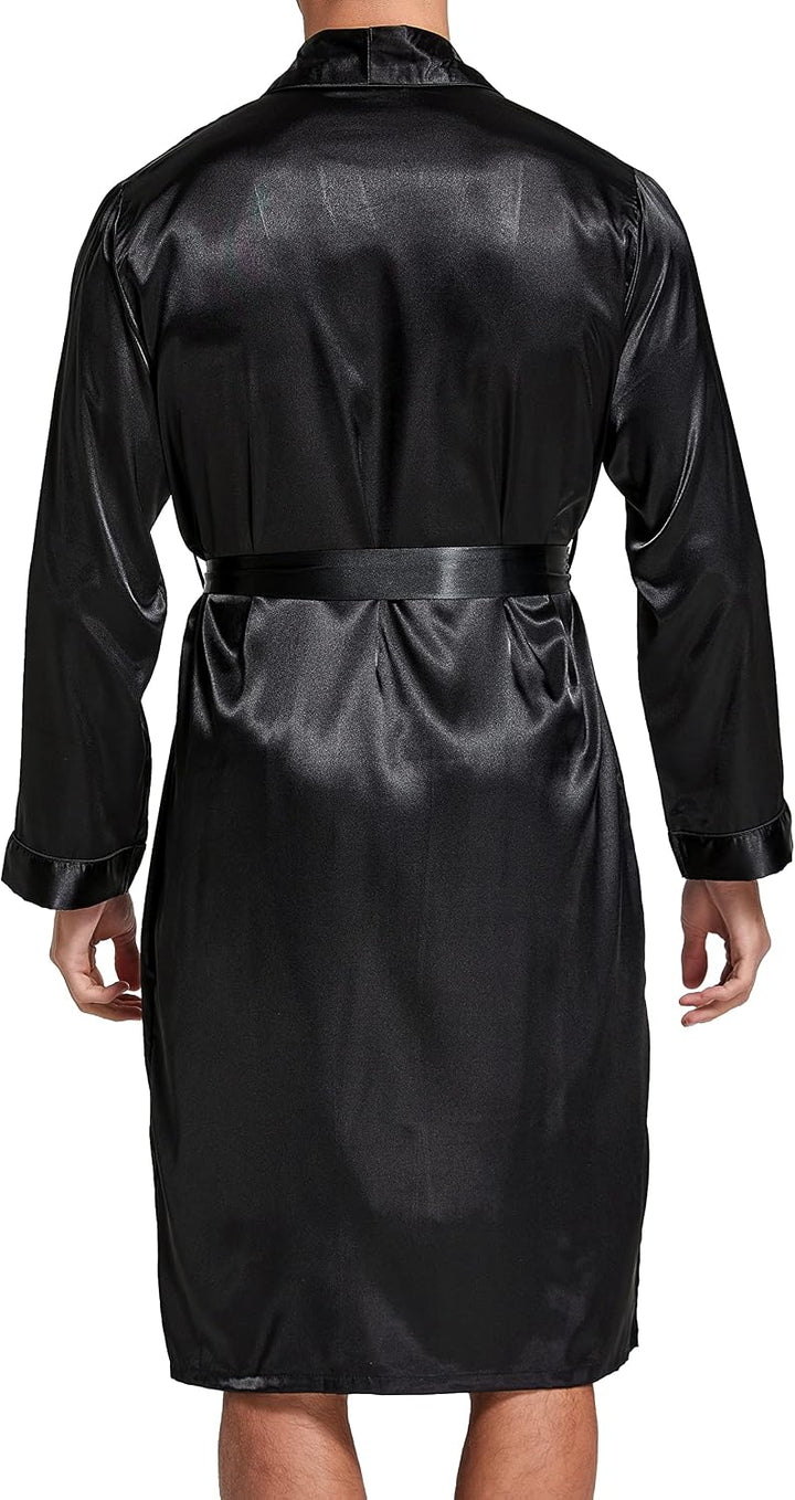 Herren Satin Bademantel, Leichter Seiden Langarm Bademantel mit Shorts Set, Spa Kimono Nachtwäsche M
