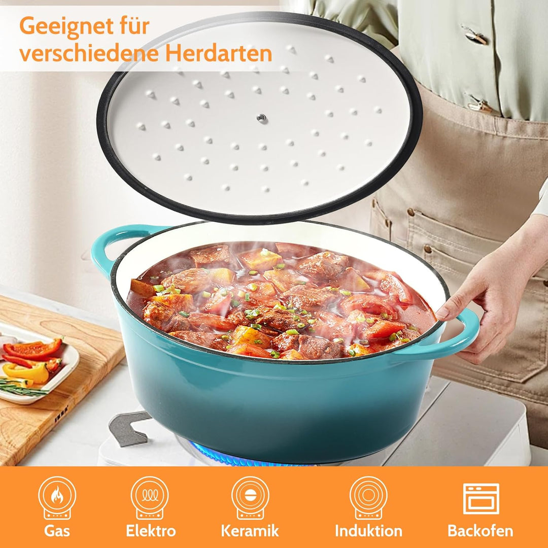 Gusseisen Bräter mit Deckel, Oval Gusseisen Topf 6.6L, Emaille Topf Gross Backofengeeignet, Schmorto