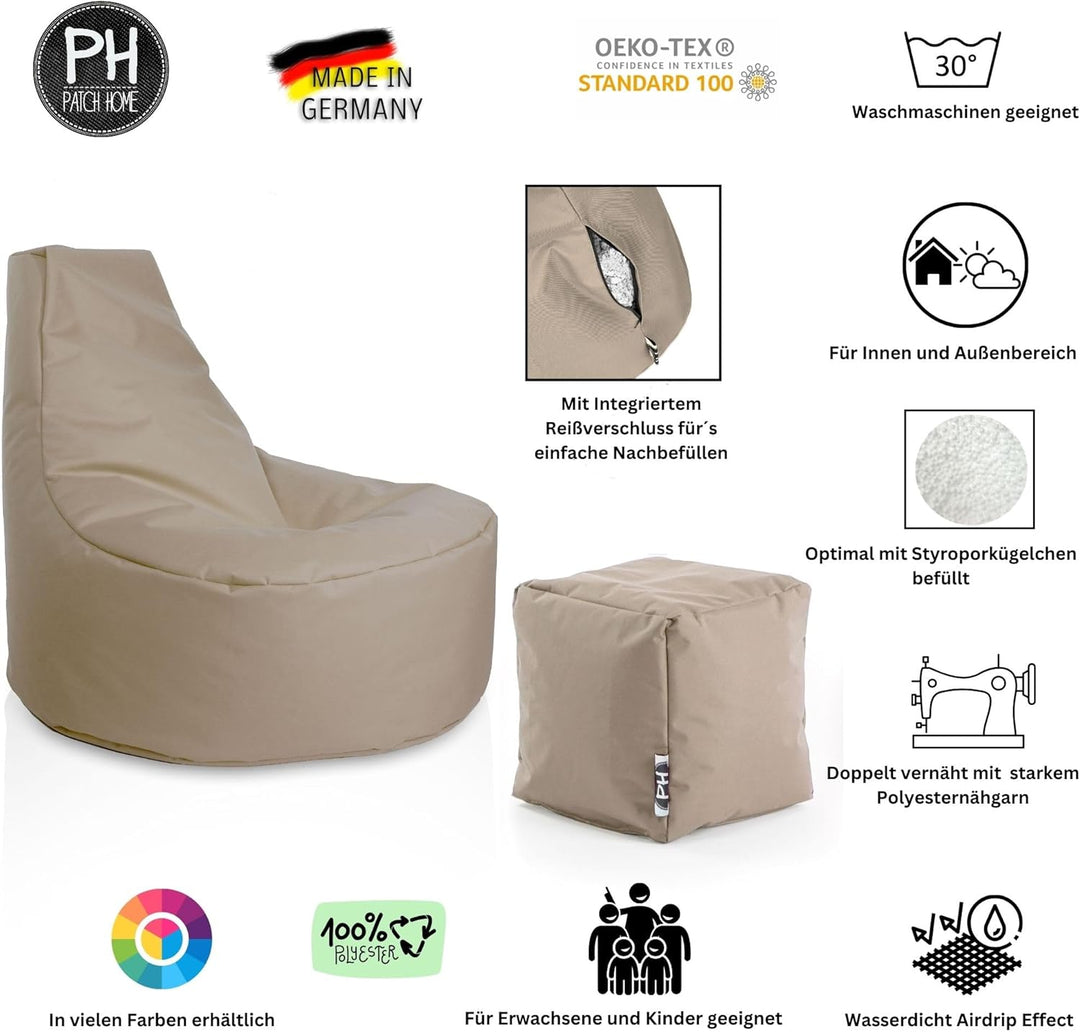 PATCH HOME Gamer Sessel inkl. Würfel Bean Bag Set Ø75cm, 30cm Sitzhöhe, 80cm Höhe + 35x35cm Würfel B