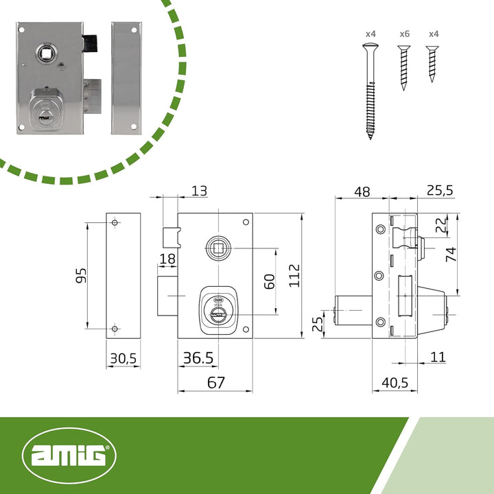 Amig - Aufschraubschloss DIN rechts mit Schliesshebel, Falle und Vierkant für Holztüren Mod. 75N - 6