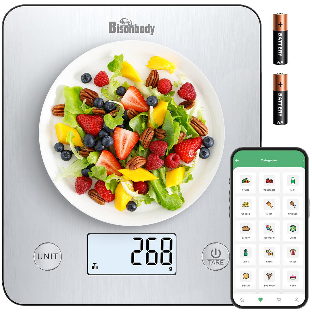 Bisonbody Smart Digital Kitchen Scale, Stainless Steel Metalic Design Weighing Platform, Measure Cal