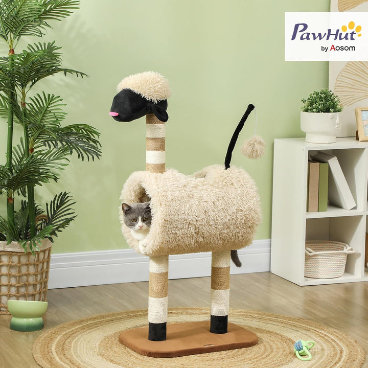 PawHut Kratzbaum 98 cm Katzenturm im Schaf-Design mit Kratzpfosten, Tunnel, Spielball, mehrstöckiger