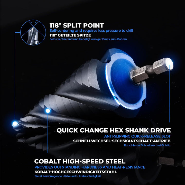 toolant® Kobalt HSS Stufenbohrer [6,35mm Schaft] - Ø 5-35mm Vier Spiralnuten Stufenbohrer,für Metall