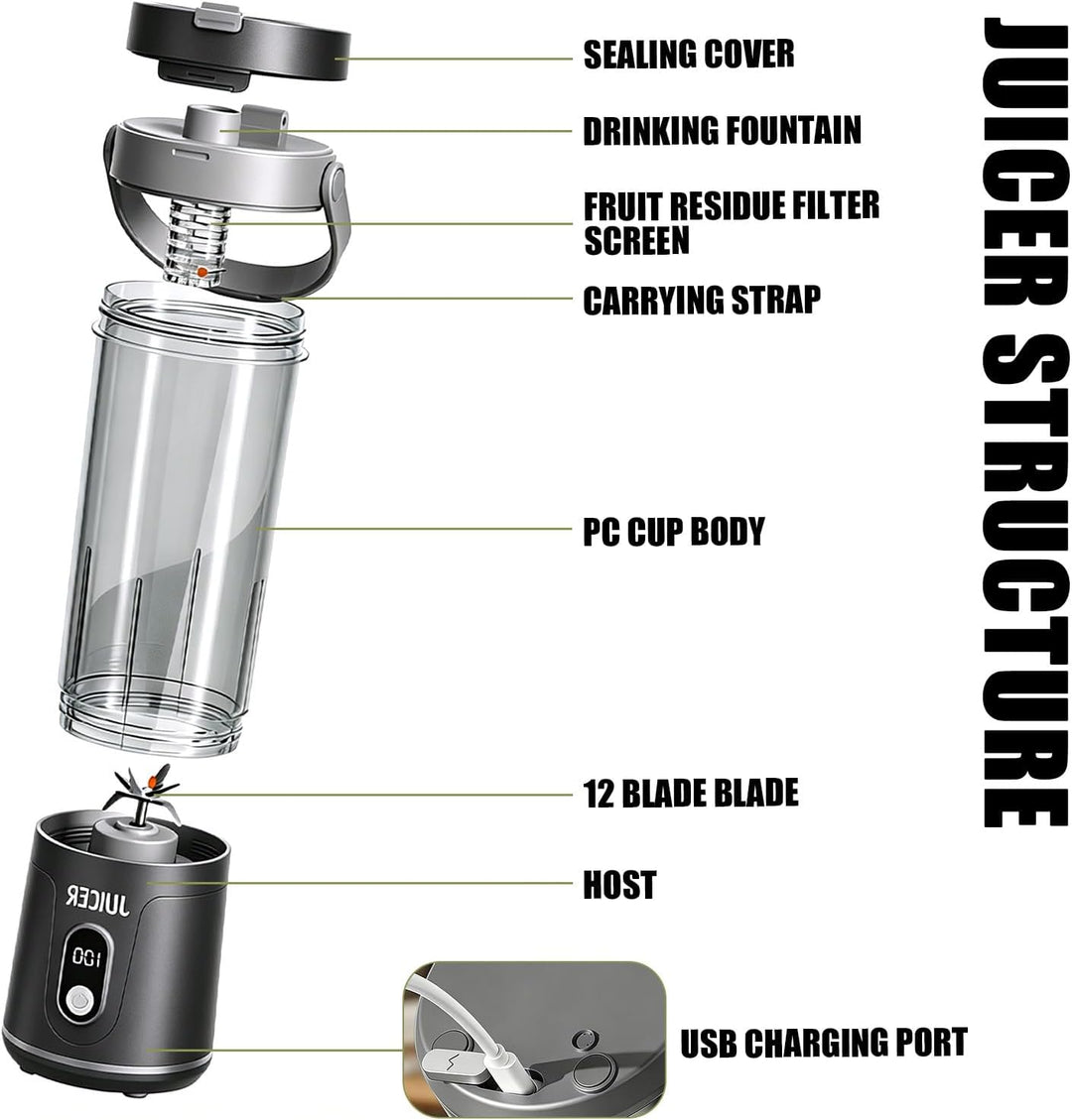 Tragbarer Mixer to go, 600ml Fresh Juice Mixer Flasche Mini Mixer und Smoothie Maker to Go mit 12 Kl