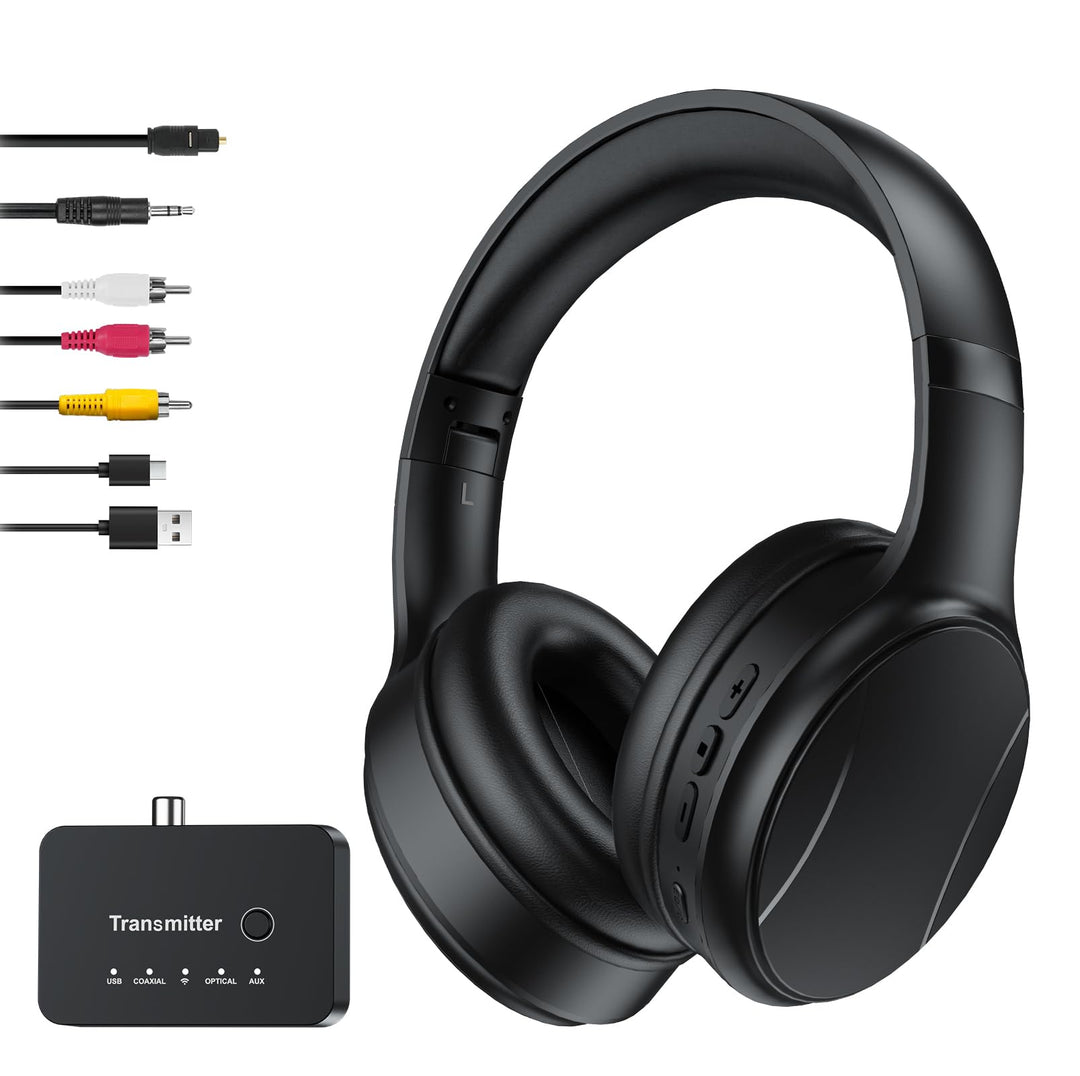 Kabellose TV-Kopfhörer für Senioren, 2,4G RF &amp; Bluetooth 5.4 mit 5-in-1 Sender (Optisch/Koaxial/RCA/