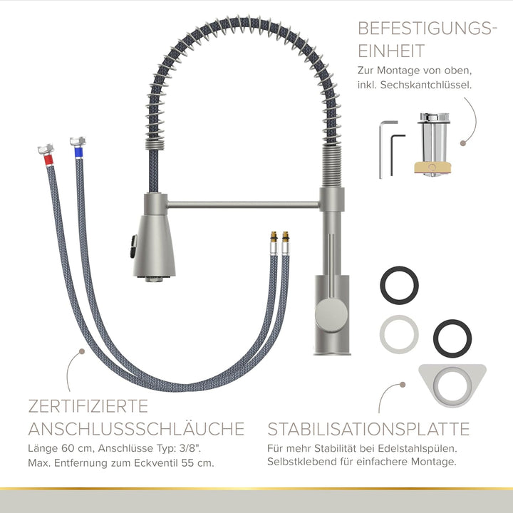 Lenz Küchenarmatur KALANI² in Edelstahl-Optik – mit verstellbarer Geschirrbrause – einfache Installa