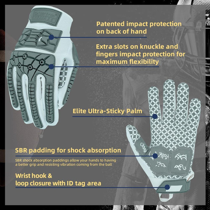 Seibertron Lineman 2.0 Padded Palm Football Receiver Gloves, Flexible TPR Impact Protection Back of