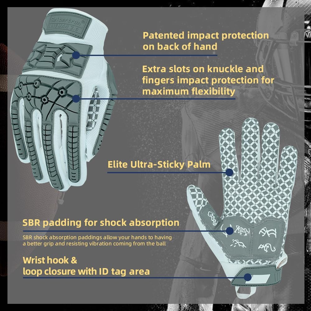 Seibertron Lineman 2.0 Padded Palm Football Receiver Gloves, Flexible TPR Impact Protection Back of