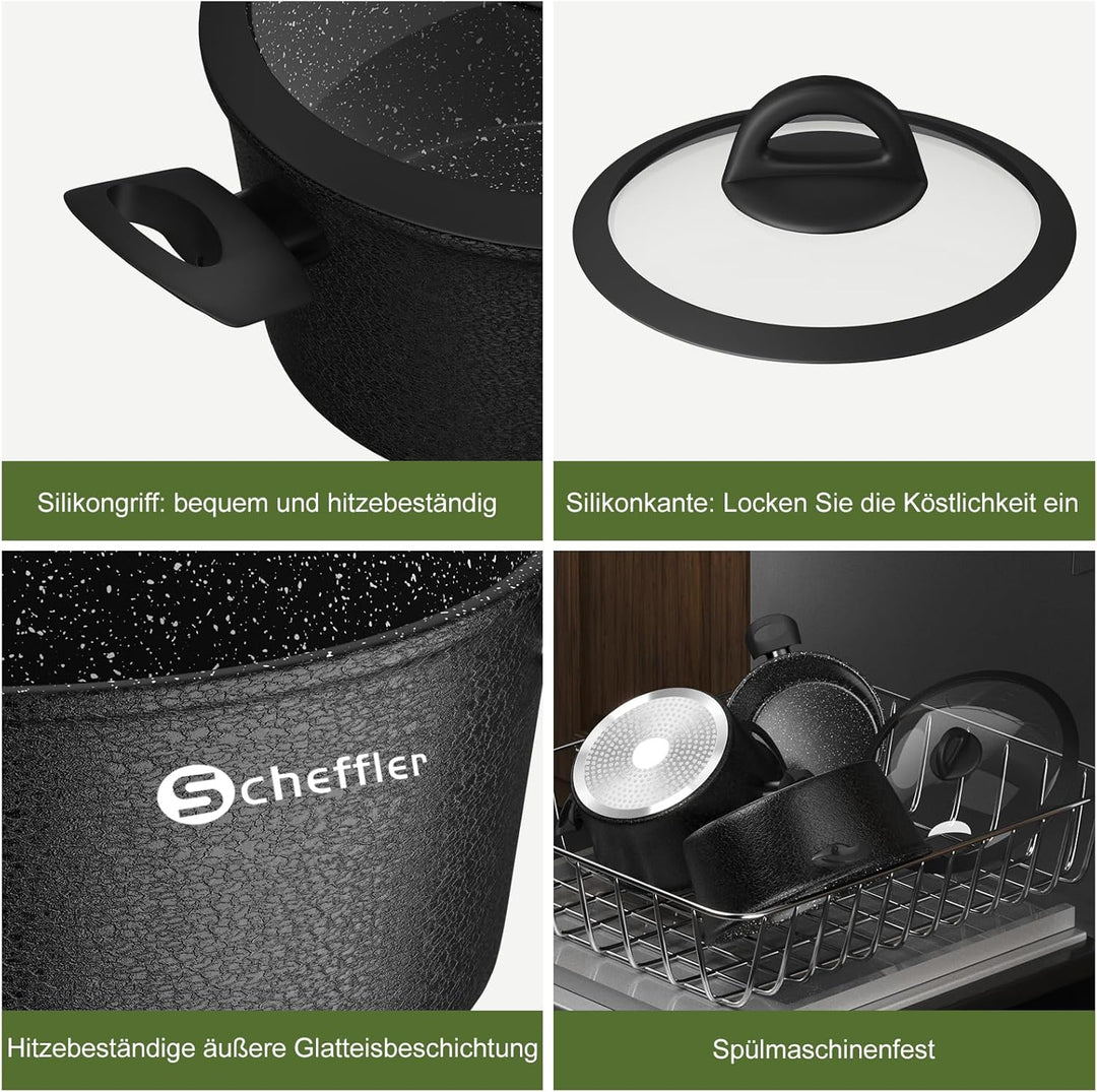 Topfset induktion Scheffler 15tlg Kochtopf Set,Antihaftbeschichtung Induktions Töpfe Set,Topfset Ind