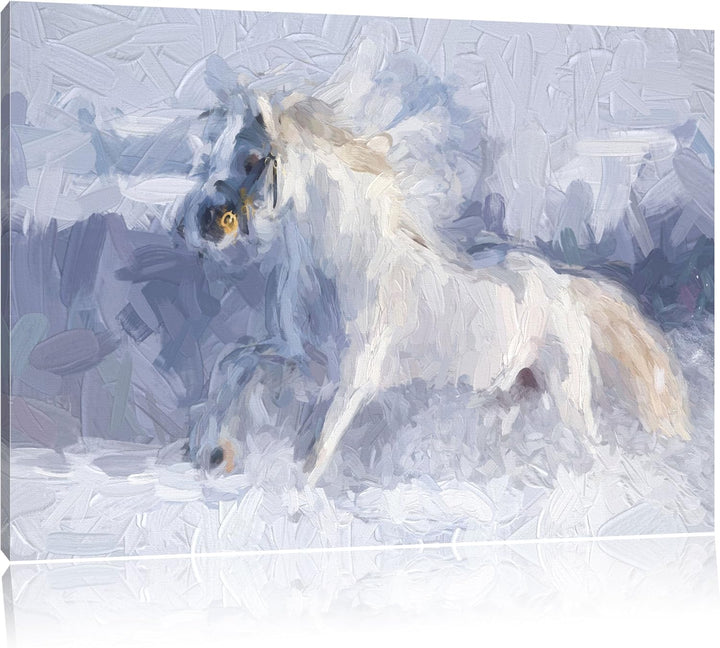 Pixxprint Weisses Pferd auf Schneewiese als Leinwandbild/Grösse: 100x70 cm/Wandbild/Kunstdruck/ferti