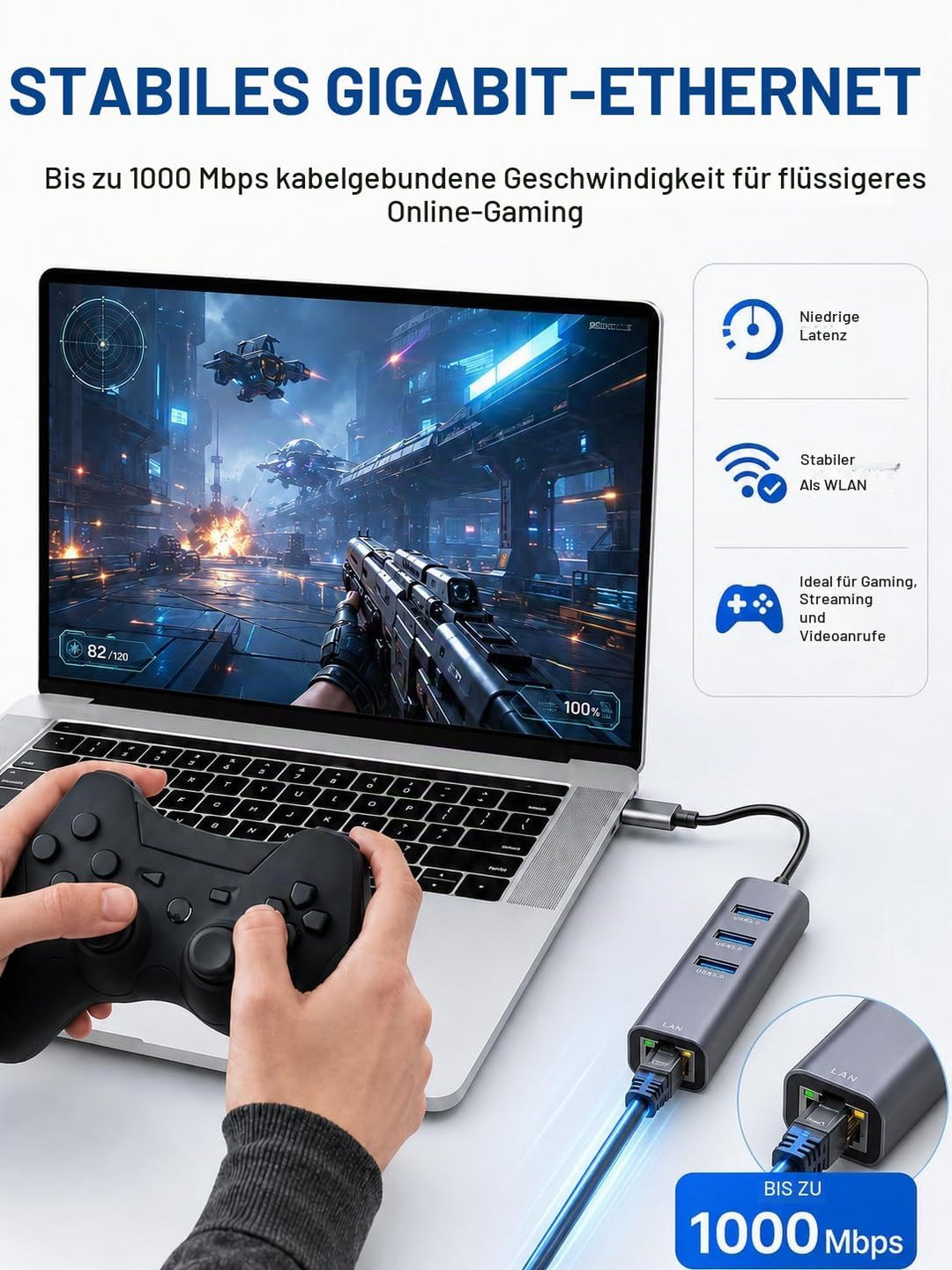USB C auf Ethernet Adapter,ABLEWE Aluminium 4 in 1 USB C zu RJ45 1000Mbps Ethernet LAN Netzwerkadapt