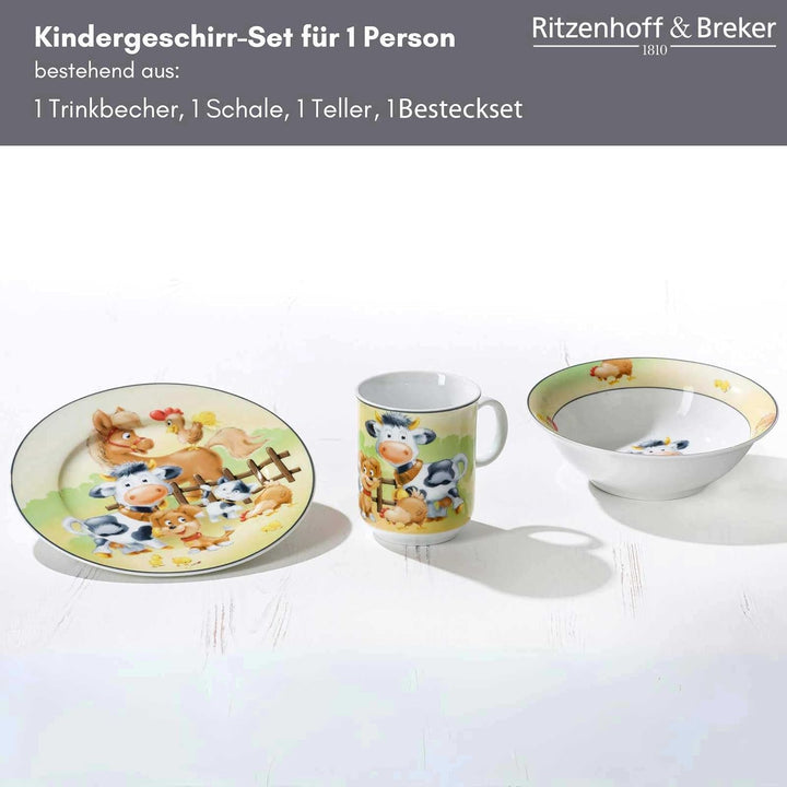 Ritzenhoff & Breker Kindergeschirr-Set Hoftiere 3-teilig mit Besteck | Teller, Schale, Becher, Gabel