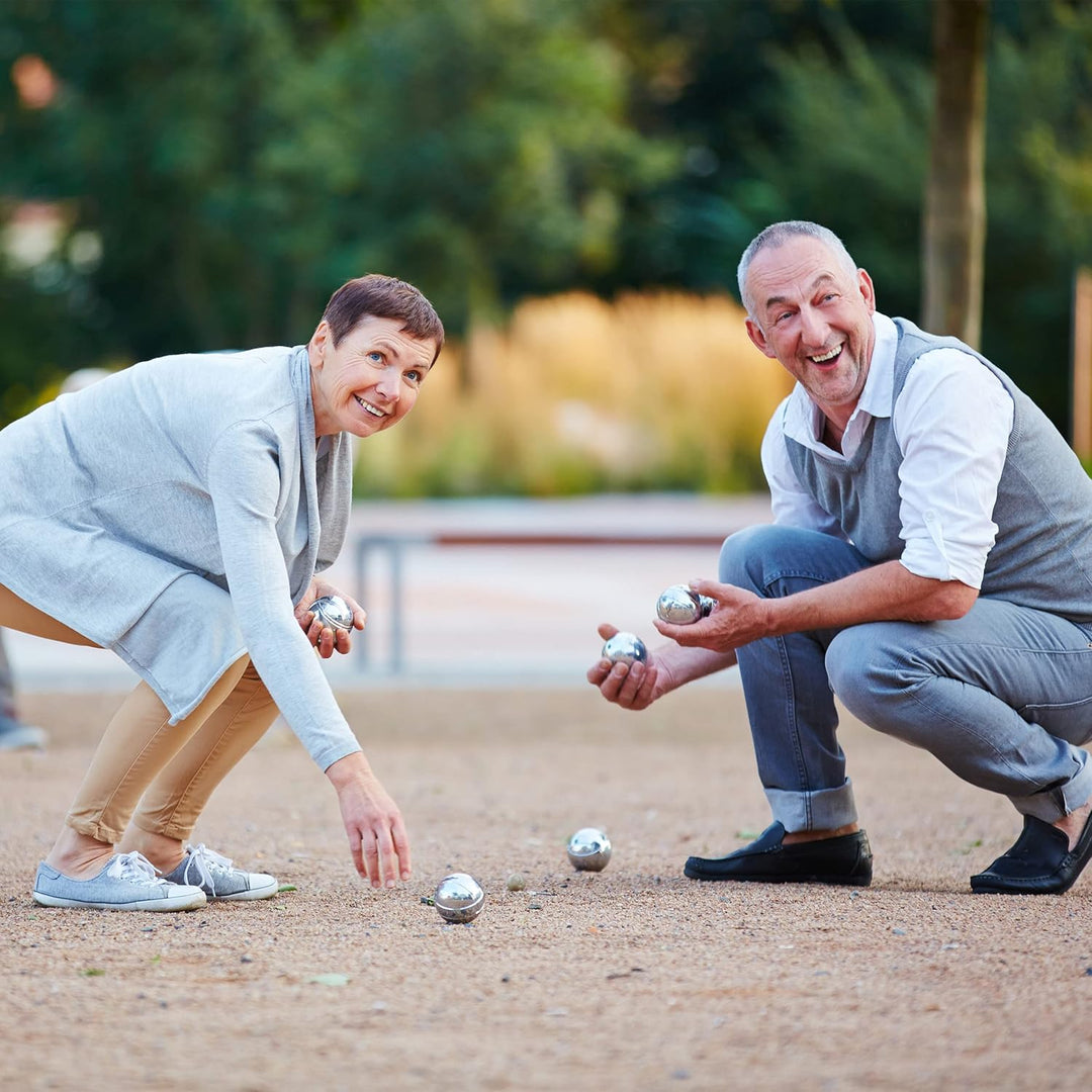 2 x Boule Set, 12 Boccia Kugeln aus Metall, 2 x Zielkugel & Abstandsmesser, Petanque mit Tragetasche