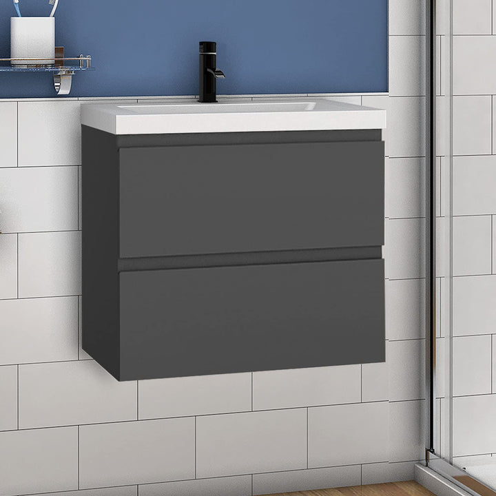 Waschtisch mit Unterschrank 60 cm Badmöbel Set mit Waschbecken Mineralguss Gäste WC Anthrazit Matt 6