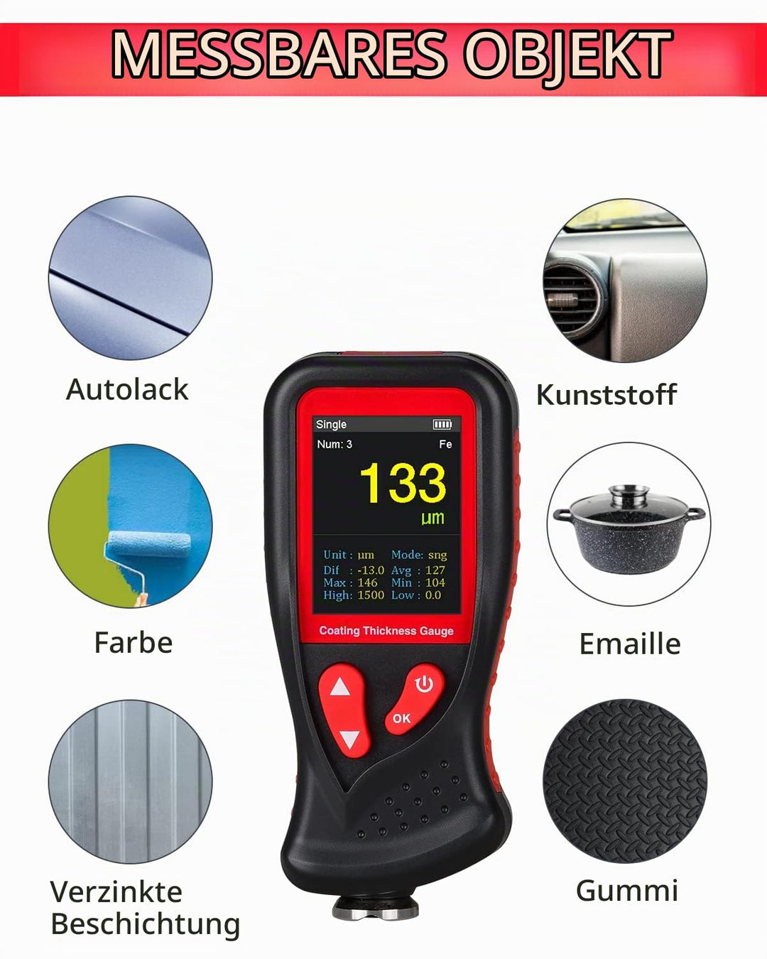Wintact Schichtdickenmessgerät, Farbtester, Karosserie-Schadensdetektor mit 1500 Gruppen Datenerfass