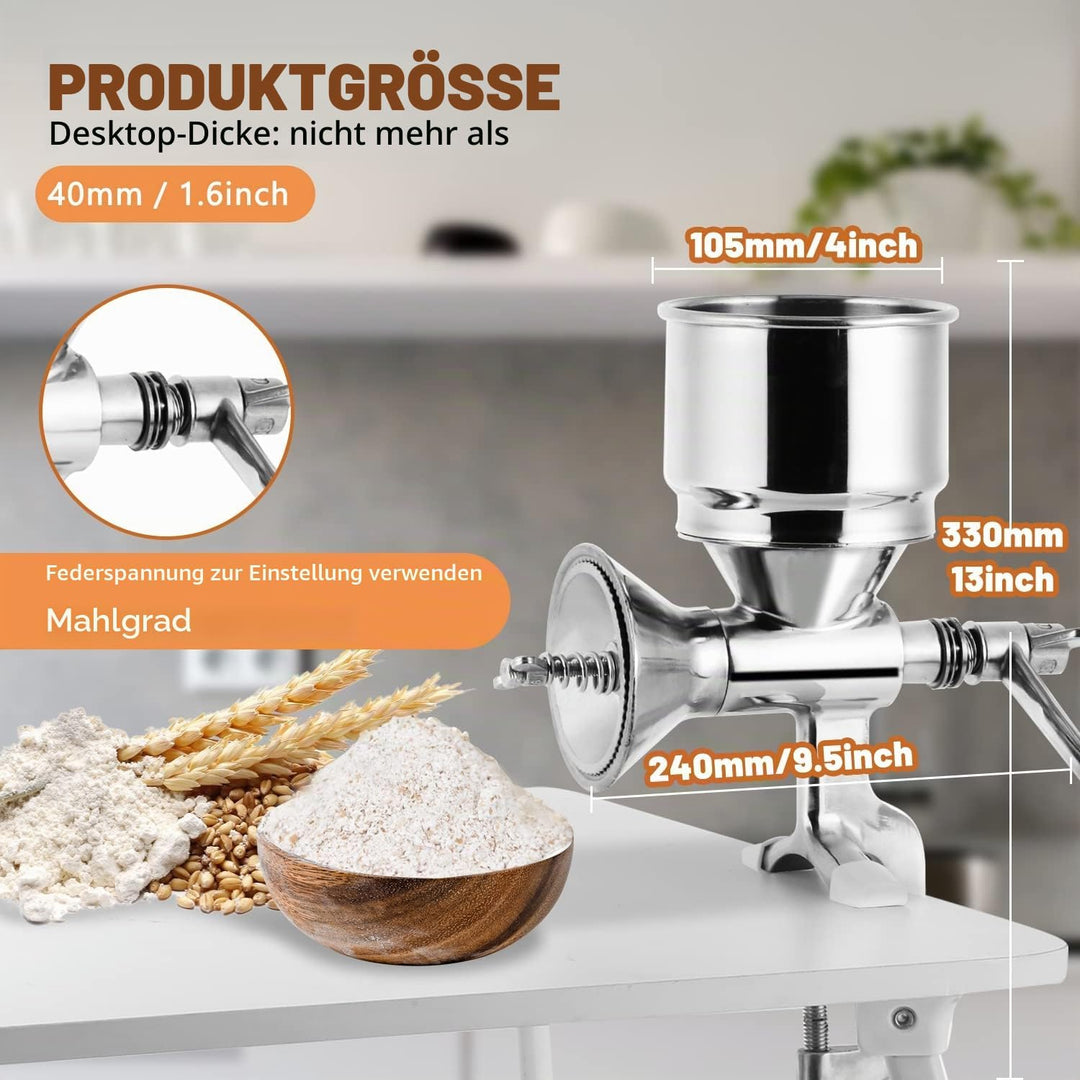 Moongiantgo Getreidemühle Manuell Rostfreier Stahl mit Handkurbel & Tischklemmen-Design, φ105mm gros