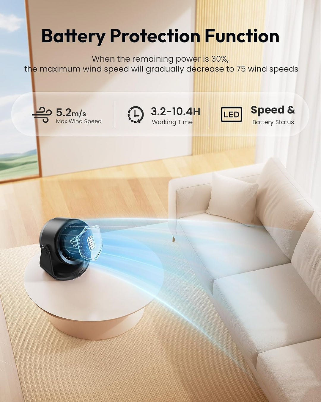 gaiatop Wiederaufladbarer Tischventilator, leiser Ventilator mit 5 Geschwindigkeitsstufen, LED-Displ
