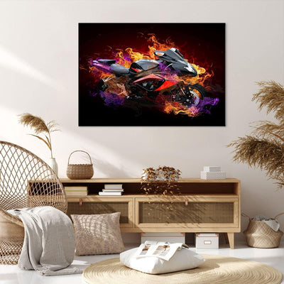 Bilder auf Leinwand 100x70cm Leinwandbild Motorrad Feuer Abstraktion Gross Wanddeko Bild Schlafzimme