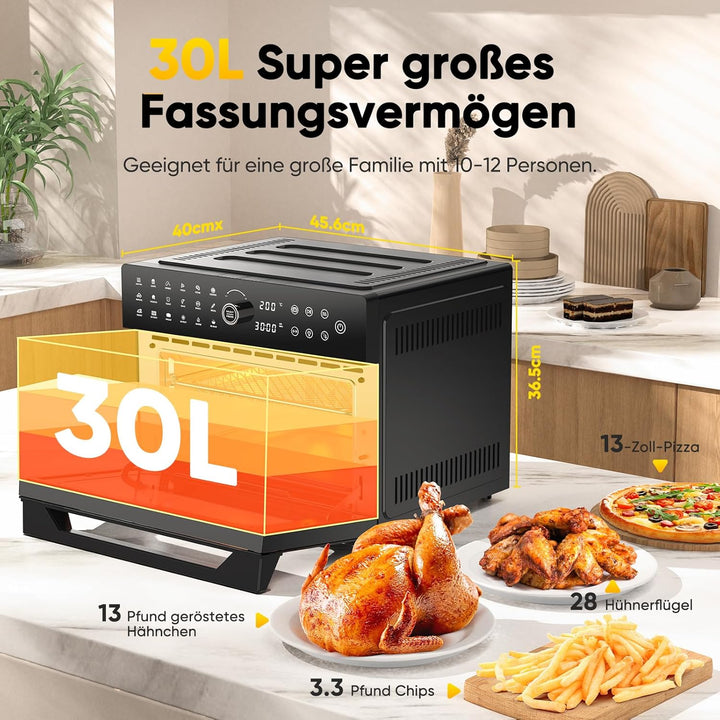 30L Heissluftfritteuse XXL Minibackofen mit LED-Touchscreen, Minibackofen mit Umluft mit 20 Programm