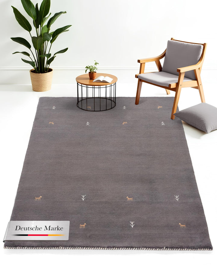 carpetfine Wollteppich Gabbeh Uni Grau 60x90 cm | Moderner Teppich für Wohn- und Schlafzimmer 60x90